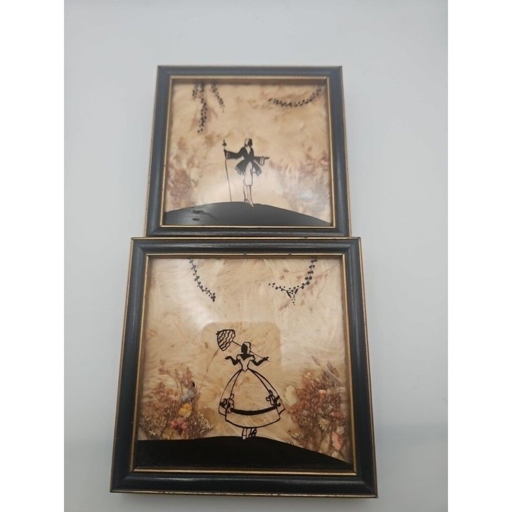 Two Vintage Glass Milkweed/Wildflower Framed Silhouettes- Woman Man with Balloon